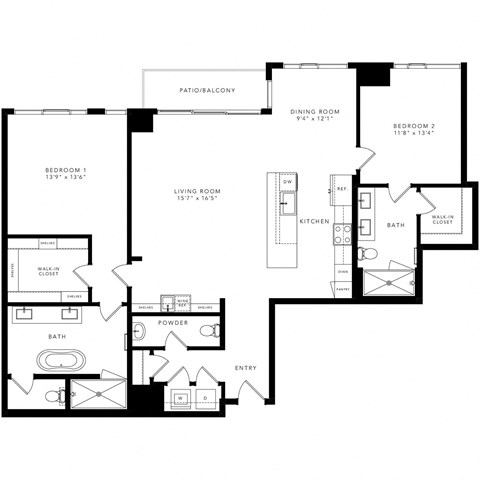 Floor plan for 2 beds, 2.5 baths, 1660 sqft